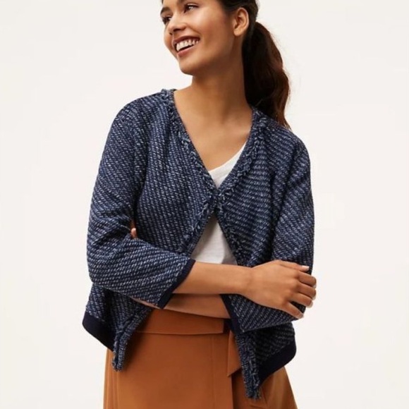 LOFT 3/4 Sleeves Fringe Knit Navy Open Jacket M - Picture 3 of 13